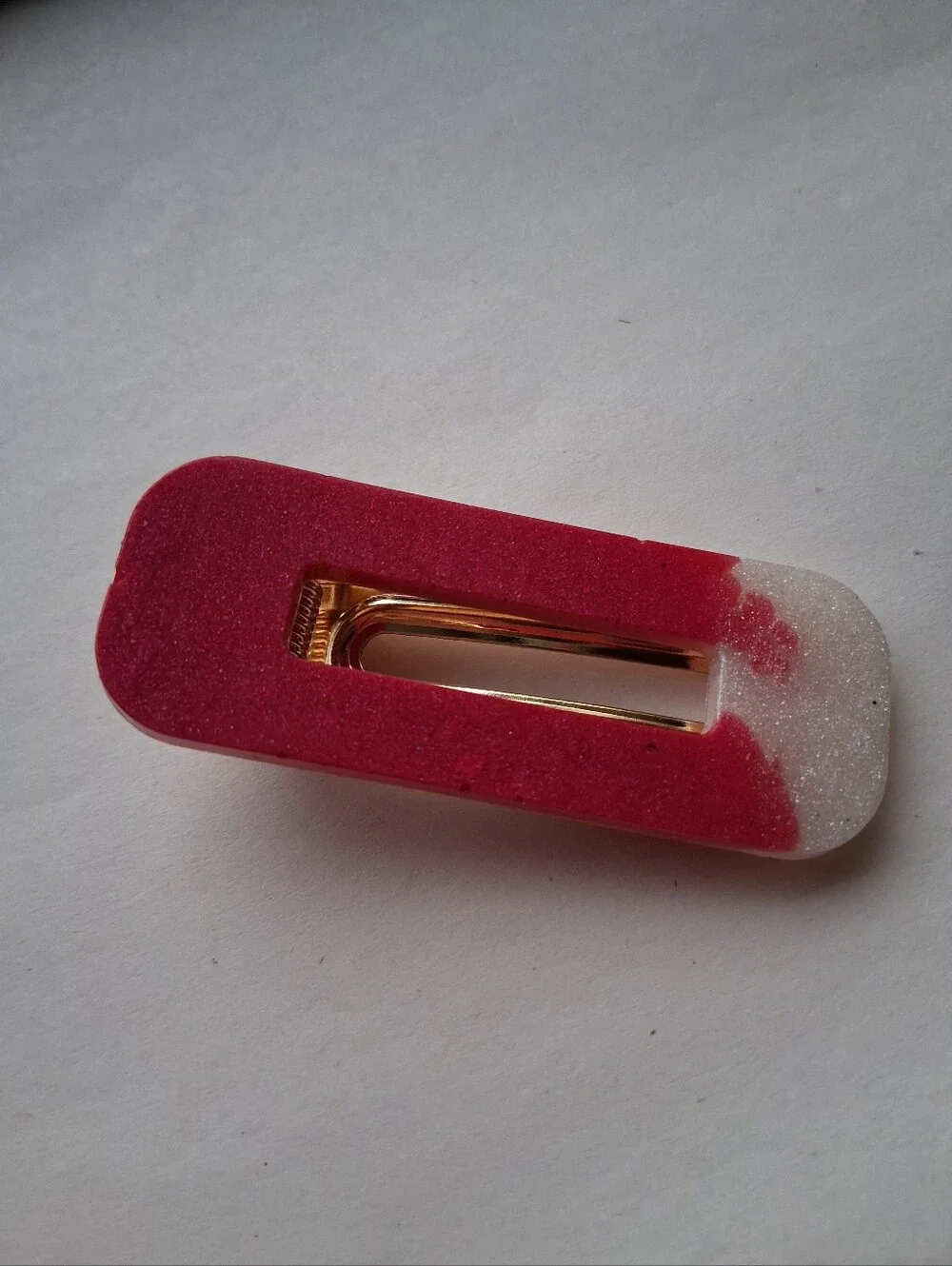 5/$25 Hand Crafted Glitter Resin Hair Clip in Pink and White with Gold Clasp